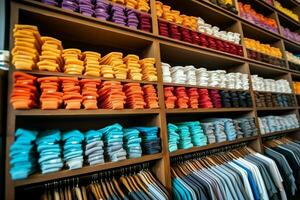 linha do elegante pólo Camisetas para homem em de madeira cabide ou prateleira dentro uma roupas boutique varejo fazer compras conceito de ai gerado foto