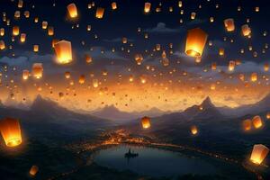 vôo lanternas dentro a noite céu durante a diwali festival Índia, sim peng ou meio do outono dia dentro China conceito de ai gerado foto