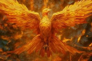 Fénix pássaro com estendido asas Aumentar queimando dentro chamas. épico Fénix pássaro fogo Renascimento poder conceito de ai gerado foto