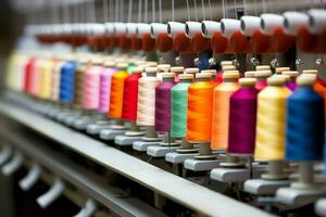 têxtil pano fábrica indústria com bordado máquina, tricô ou fiação. de costura fio companhia conceito de ai gerado foto