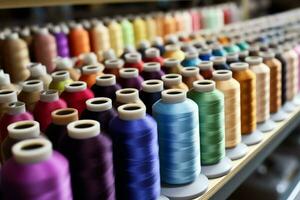 têxtil pano fábrica indústria com bordado máquina, tricô ou fiação. de costura fio companhia conceito de ai gerado foto
