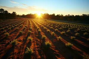 lindo Visão do uma chá campo plantação, Vinhedo Fazenda ou morango jardim dentro a verde colinas às nascer do sol conceito de ai gerado foto