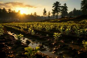 lindo Visão do uma chá campo plantação, Vinhedo Fazenda ou morango jardim dentro a verde colinas às nascer do sol conceito de ai gerado foto