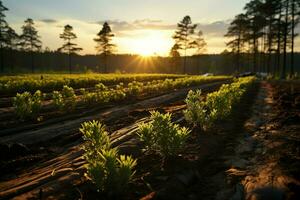 lindo Visão do uma chá campo plantação, Vinhedo Fazenda ou morango jardim dentro a verde colinas às nascer do sol conceito de ai gerado foto