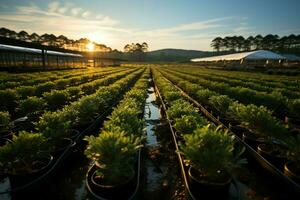 lindo Visão do uma chá campo plantação, Vinhedo Fazenda ou morango jardim dentro a verde colinas às nascer do sol conceito de ai gerado foto