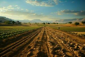 lindo Visão do uma chá campo plantação, Vinhedo Fazenda ou morango jardim dentro a verde colinas às nascer do sol conceito de ai gerado foto