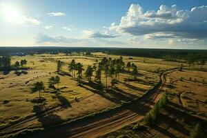 lindo Visão do uma chá campo plantação, Vinhedo Fazenda ou morango jardim dentro a verde colinas às nascer do sol conceito de ai gerado foto