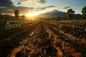 lindo Visão do uma chá campo plantação, Vinhedo Fazenda ou morango jardim dentro a verde colinas às nascer do sol conceito de ai gerado foto