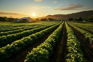 lindo Visão do uma chá campo plantação, Vinhedo Fazenda ou morango jardim dentro a verde colinas às nascer do sol conceito de ai gerado foto