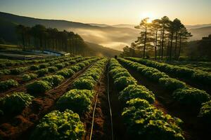 lindo Visão do uma chá campo plantação, Vinhedo Fazenda ou morango jardim dentro a verde colinas às nascer do sol conceito de ai gerado foto