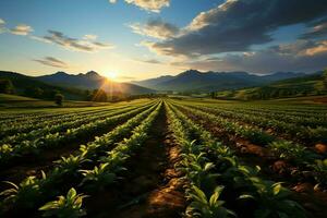 lindo Visão do uma chá campo plantação, Vinhedo Fazenda ou morango jardim dentro a verde colinas às nascer do sol conceito de ai gerado foto