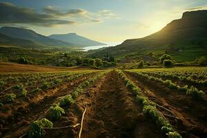 lindo Visão do uma chá campo plantação, Vinhedo Fazenda ou morango jardim dentro a verde colinas às nascer do sol conceito de ai gerado foto