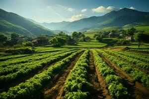 lindo Visão do uma chá campo plantação, Vinhedo Fazenda ou morango jardim dentro a verde colinas às nascer do sol conceito de ai gerado foto