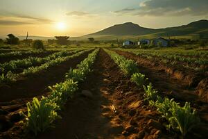 lindo Visão do uma chá campo plantação, Vinhedo Fazenda ou morango jardim dentro a verde colinas às nascer do sol conceito de ai gerado foto