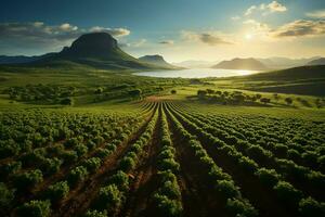 lindo Visão do uma chá campo plantação, Vinhedo Fazenda ou morango jardim dentro a verde colinas às nascer do sol conceito de ai gerado foto