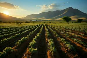 lindo Visão do uma chá campo plantação, Vinhedo Fazenda ou morango jardim dentro a verde colinas às nascer do sol conceito de ai gerado foto