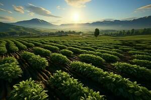 lindo Visão do uma chá campo plantação, Vinhedo Fazenda ou morango jardim dentro a verde colinas às nascer do sol conceito de ai gerado foto