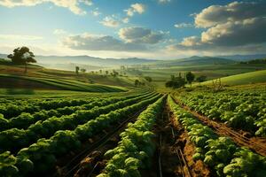 lindo Visão do uma chá campo plantação, Vinhedo Fazenda ou morango jardim dentro a verde colinas às nascer do sol conceito de ai gerado foto