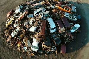 ferrugem velho lixo carros com meio Ambiente poluição dentro ferro-velho para reciclando. abandonado carro desperdício conceito de ai gerado foto