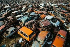 ferrugem velho lixo carros com meio Ambiente poluição dentro ferro-velho para reciclando. abandonado carro desperdício conceito de ai gerado foto