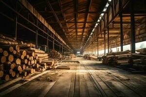 de madeira prancha ou borda dentro a madeira serrada moinho indústria. pilha do Histórico e madeira dentro a serraria Produção conceito de ai gerado foto