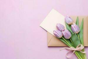 decorativo do tulipas flores ramalhete ou embrulhado presente caixa. para mães dia ou namorados com copyspace conceito de ai gerado foto