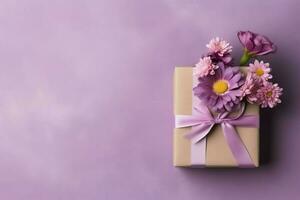 decorativo do tulipas flores ramalhete ou embrulhado presente caixa. para mães dia ou namorados com copyspace conceito de ai gerado foto