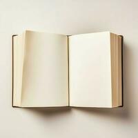 a sobrecarga Visão do aberto livro com esvaziar em branco branco Páginas. caderno composição para Catálogo, revistas conceito de ai gerado foto