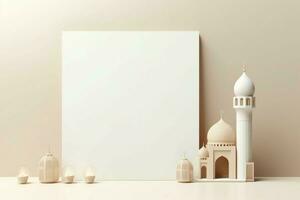 eid Mubarak e Ramadã kareem saudações com cópia de espaço. eid al fitr islâmico lanterna e mesquita conceito de ai gerado foto