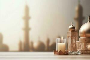 eid Mubarak e Ramadã kareem saudações com cópia de espaço. eid al fitr islâmico lanterna e mesquita conceito de ai gerado foto