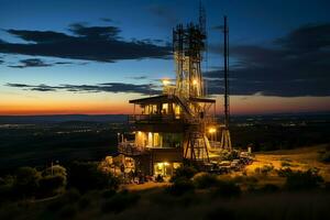 lindo Visão Alto Voltagem elétrico ou telecomunicações antena sem fio torre com verde campo conceito de ai gerado foto