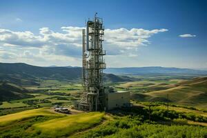 lindo Visão Alto Voltagem elétrico ou telecomunicações antena sem fio torre com verde campo conceito de ai gerado foto