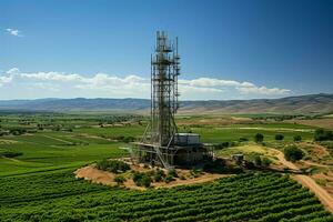 lindo Visão Alto Voltagem elétrico ou telecomunicações antena sem fio torre com verde campo conceito de ai gerado foto