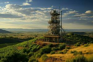 lindo Visão Alto Voltagem elétrico ou telecomunicações antena sem fio torre com verde campo conceito de ai gerado foto