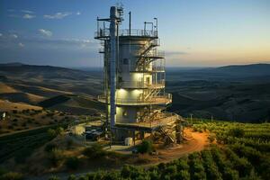 lindo Visão Alto Voltagem elétrico ou telecomunicações antena sem fio torre com verde campo conceito de ai gerado foto