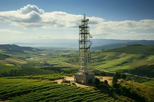 lindo Visão Alto Voltagem elétrico ou telecomunicações antena sem fio torre com verde campo conceito de ai gerado foto