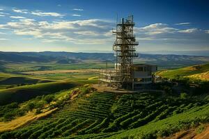 lindo Visão Alto Voltagem elétrico ou telecomunicações antena sem fio torre com verde campo conceito de ai gerado foto