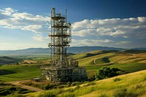 lindo Visão Alto Voltagem elétrico ou telecomunicações antena sem fio torre com verde campo conceito de ai gerado foto