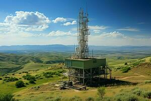 lindo Visão Alto Voltagem elétrico ou telecomunicações antena sem fio torre com verde campo conceito de ai gerado foto