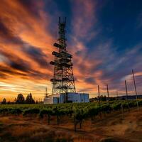 lindo Visão Alto Voltagem elétrico ou telecomunicações antena sem fio torre com verde campo conceito de ai gerado foto