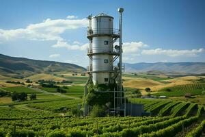 lindo Visão Alto Voltagem elétrico ou telecomunicações antena sem fio torre com verde campo conceito de ai gerado foto