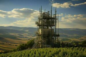 lindo Visão Alto Voltagem elétrico ou telecomunicações antena sem fio torre com verde campo conceito de ai gerado foto