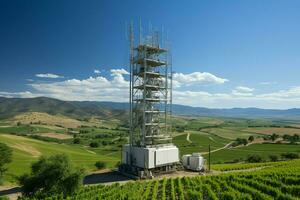 lindo Visão Alto Voltagem elétrico ou telecomunicações antena sem fio torre com verde campo conceito de ai gerado foto