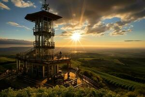 lindo Visão Alto Voltagem elétrico ou telecomunicações antena sem fio torre com verde campo conceito de ai gerado foto