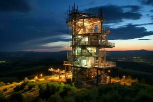 lindo Visão Alto Voltagem elétrico ou telecomunicações antena sem fio torre com verde campo conceito de ai gerado foto