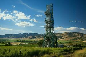 lindo Visão Alto Voltagem elétrico ou telecomunicações antena sem fio torre com verde campo conceito de ai gerado foto