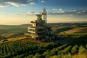 lindo Visão Alto Voltagem elétrico ou telecomunicações antena sem fio torre com verde campo conceito de ai gerado foto