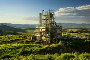 lindo Visão Alto Voltagem elétrico ou telecomunicações antena sem fio torre com verde campo conceito de ai gerado foto