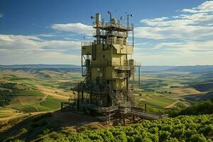 lindo Visão Alto Voltagem elétrico ou telecomunicações antena sem fio torre com verde campo conceito de ai gerado foto