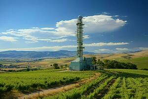 lindo Visão Alto Voltagem elétrico ou telecomunicações antena sem fio torre com verde campo conceito de ai gerado foto